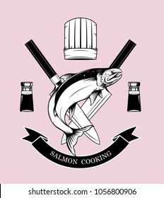 Cooking logos vector by hand drawing.Salmon art highly detailed in line art style.Salmon fish on knife background.Black and white fish vector on vintage background.Salmon fish sketch for tattoo