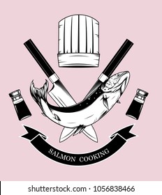 Cooking logos vector by hand drawing.Salmon art highly detailed in line art style.Salmon fish on knife background.Black and white fish vector on vintage background.Salmon fish sketch for tattoo