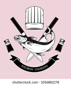 Cooking logos vector by hand drawing.Salmon art highly detailed in line art style.Salmon fish on knife background.Black and white fish vector on vintage background.Salmon fish sketch for tattoo