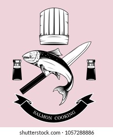Cooking logos vector by hand drawing.Salmon art highly detailed in line art style.Salmon fish on knife background.Black and white fish vector on vintage background.Salmon fish sketch for tattoo