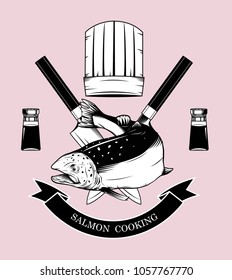 Cooking logos vector by hand drawing.Salmon art highly detailed in line art style.Salmon fish on knife background.Black and white fish vector on vintage background.Salmon fish sketch for tattoo