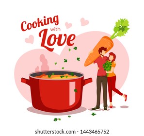 "Cooking with love" card design with pan of soup and young couple with vegetables. Vector illustration for poster, banner, card, cover, brochure, flyer, postcard.