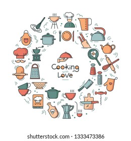 Cooking with love circular Background from icons on the theme of the kitchen and cooking with lettering. Background for the decoration of the menu of restaurants and cafes.