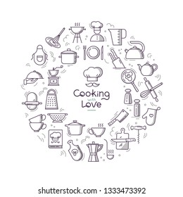 Cooking with love circular Background from icons on the theme of the kitchen and cooking with lettering. Background for the decoration of the menu of restaurants and cafes.