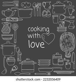 Cocina con concepto de amor. Afiche con utensilios de cocina hechos a mano sobre fondo oscuro.