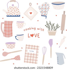 Cooking with love. Kitchen itens illustration set. Heart cute vectors