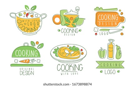 Cooking with Love Logo Design Collection, Cooking Class, Kitchen, Culinary Hand Drawn Badges Vector Illustration