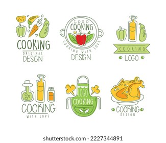 Cooking with love logo design set. Hand drawn badges, labels for culinary class, food festival, shop, cafe, food studio vector illustration