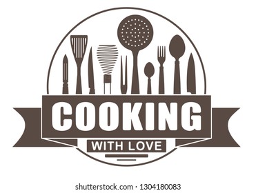 Cooking with love round vector design for your logo or emblem with banner and silhouettes of cooking utensils and kitchenware. 