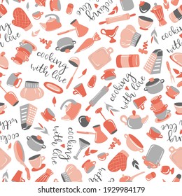 Cooking with love. Seamless vector pattern on white background in pink and grey colors. Kitchen utensils set. Perfect for greetings card, textile, fabric, wallpapers, banners, menu. Recipe book.