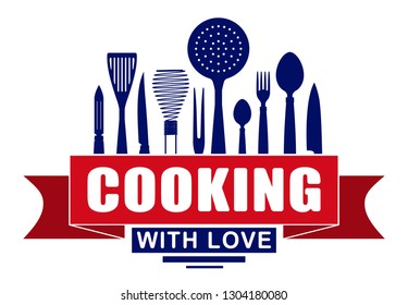 Cooking with love vector design for your logo or emblem with red banner and silhouettes of cooking utensils and kitchenware. 