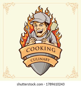 Cooking man Chef Smile Illustrations with ribbon for restaurant cooking culinery business professional mascot