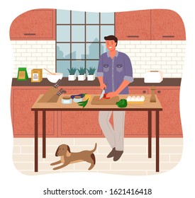 Cooking man in kitchen with dog pet. Male character using knife to cut vegetables to make salad. Food preparation at home. Interior of room with kitchenware tools and floral decor, vector in flat