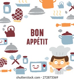 cooking man and text Bon Appetit - freehand drawing vector illustration