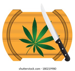Cooking marijuana, Cannabis leaf on a board with a knife. Vector illustration.
