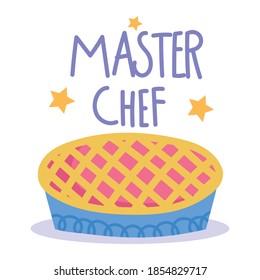 cooking, master chef text and sweet pie, cartoon style vector illustration