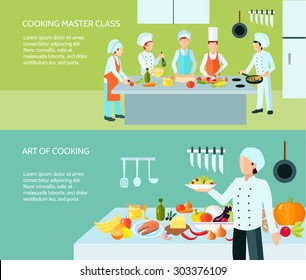 Cooking master class and art of culinary flat color banner set isolated vector illustration  