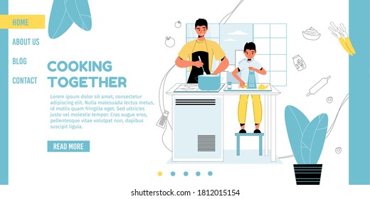 Cooking master class for child. Happy boy son father preparing dinner lunch together. Dad teaching kid. Family member food preparation. Modern kitchen interior design. Landing page layout
