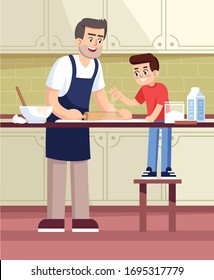 Cooking Master Class For Child Semi Flat Vector Illustration. Father Teaching Son To Make Dough, Baking Lesson, Family Members Cooking Together 2D Cartoon Characters For Commercial Use