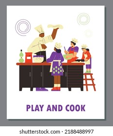 Cooking master class or culinary workshop for children banner or poster template with a chef pizza maker who teaches children to cook, flat cartoon vector illustration.