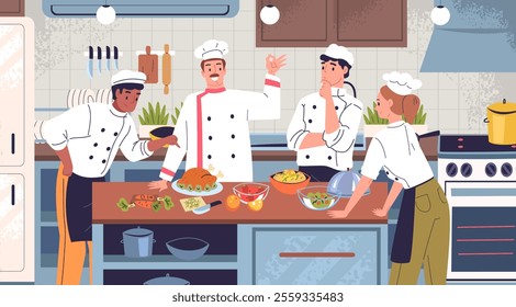 Cooking master class. Culinary workshop, professional chief cook teaching prepare food dishes chef showing lesson kitchen school classes, cookery course classy vector illustration original artwork