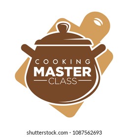Emblema de la clase maestra de cocina con gran cacerola y tabla de corte