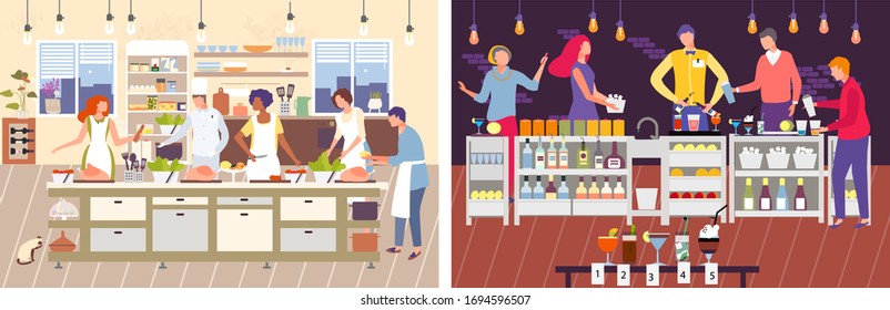 Cooking master class vector illustration. Cartoon man woman characters cook food with master chef in restaurant kitchen, people bartenders preparing cocktails in bar. Flat workshop landing page set