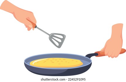Cooking meal on frying pan. Cartoon food icon isolated on white background