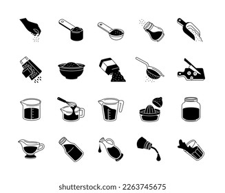 Cooking measures black icons set. Collection of kitchen utensils. Salt shaker, jug and glass, knife at board, grater and plate. Cartoon flat vector illustrations isolated on white background