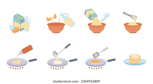 Cooking measures set. Stages of cooking dish, pancakes. Collection of dishes, plates and spoons. Healthy and traditional breakfast. Cartoon flat vector illustrations isolated on white background