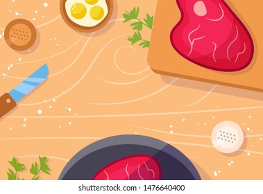 Cooking meat. Beef, eggs, parsley, knife, frying pan on kitchen table. Salt and pepper Vector. Cartoon. Isolated art