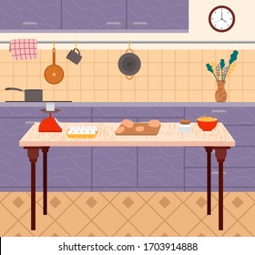 Cooking meat and egg ingredients in plate. Interior view of kitchen with cutting sausages on table, pan on stove, dishes and clock symbol on wall. Furniture in purple color with hanging towel vector