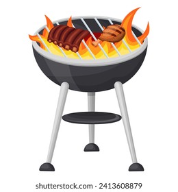 Cooking meat on bones and chicken on a flaming grill. Vector illustration on a white background.