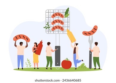 Cooking meat sausages on grill, BBQ food preparation. Tiny people holding raw sausages, bottle of mustard and ketchup, grill grate for grilling at summer picnic party cartoon vector illustration