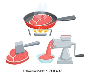 Cooking meat set. Fry the steak in a frying pan, make minced in a grinder, tenderize with hammer process vector illustration. Kitchenware and utensils isolated on white.