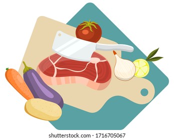 Cooking meat, vegetables food preparation isolated on white, flat vector illustration. Cutting board foodstuff product, kitchen cleaver cut steak potatoes eggplant tomato onion and carrot.