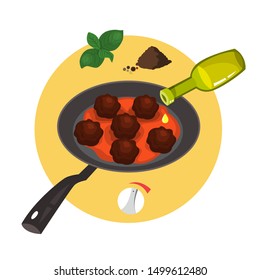 Cooking meatballs in frying pan. Delicious dinner or breakfast. Meat ingredient. Making grilled meat. Isolated vector illustration in cartoon style