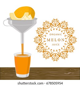 Cooking melon juice in juicer, tasty bright liquid from squeezer. Juicer pattern consisting of beautiful cone shaped, squeezer to healthy melon juice. Squeezer for melon juice, natural steel juicer.