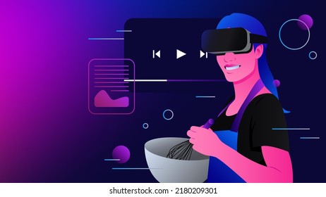 Cooking in Metaverse. Food Blog, Video Content in Virtual Reality. Vector illustration