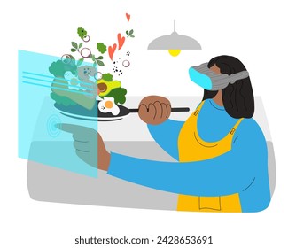 Cooking in Metaverse. Woman in VR glasses cooking in metaverse. Food Blog, Video Content in Virtual Reality. Vector illustration