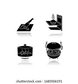 Cooking methods drop shadow black glyph icons set. Various culinary techniques, food preparation process. Cutting, baking, stewing and grilling isolated vector illustrations on white space