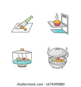 Kochmethoden RGB Farbsymbole gesetzt. Verschiedene Kochtechniken, Zubereitung von Speisen. Schneiden, Backen, Stechen und Grillen einzelne Vektorgrafiken