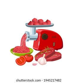 Cooking minced meat with condiment in electric meat grinder. Vector cartoon flat icon illustration isolated on white background.