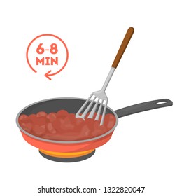 Cooking minced meat in a frying pan. Making delicious dinner. Tasty food preparing in skillet. Isolated vector illustration in cartoon style