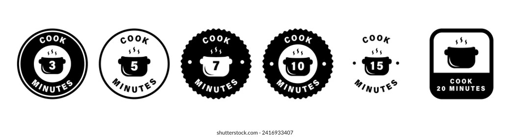 Cooking minutes. Vector labels with food preparation time. 