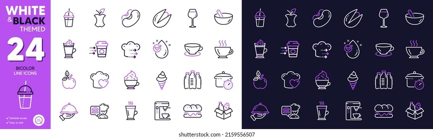 Cooking Mix, Ice Cream And Cappuccino Cream Line Icons For Website, Printing. Collection Of Beans, Pistachio Nut, Bordeaux Glass Icons. Restaurant Food, Love Cooking. Bicolor Outline Icon. Vector