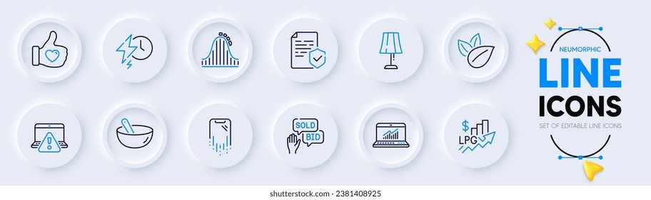 Cooking mix, Online warning and Online statistics line icons for web app. Pack of Organic product, Table lamp, Roller coaster pictogram icons. Smartphone recovery, Certificate, Bid offer signs. Vector