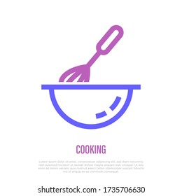 Cooking: mixing in bowl by spoon. Thin line icon. Symbol for recipe. Vector illustration.
