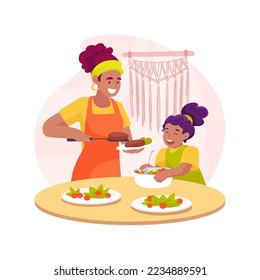 Cocinando con la madre aislada ilustración vectorial de dibujos animados. Cocina infantil con mamá, ayuda en la cocina, cuidado de los hijos, actividad en el hogar, cuidado de niños en casa, hacer dibujos animados de vectores de comida.