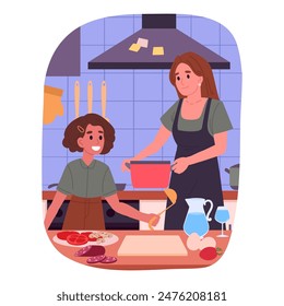 Cooking mom and kid. Female characters cooking food at home, mother and daughter preparing tasty dishes flat vector illustration. Homemade meal preparation